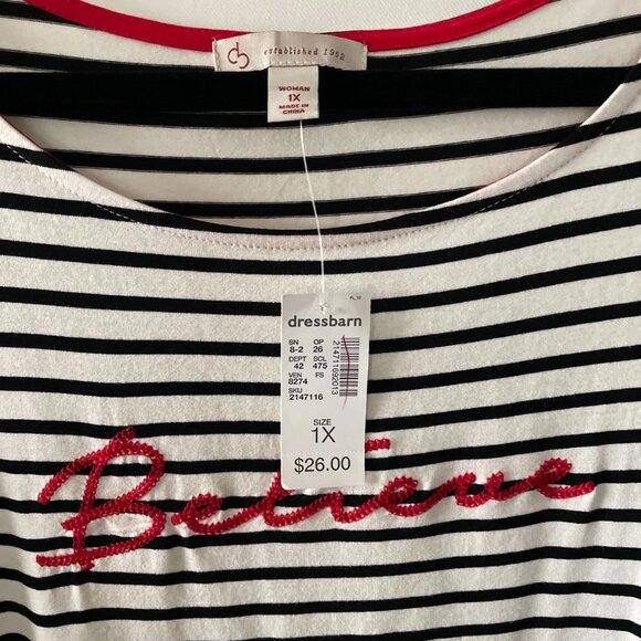 NWT Dressbarn Womens White & Black Striped Print Believe Embroidered Top Size 1X - Picture 3 of 9